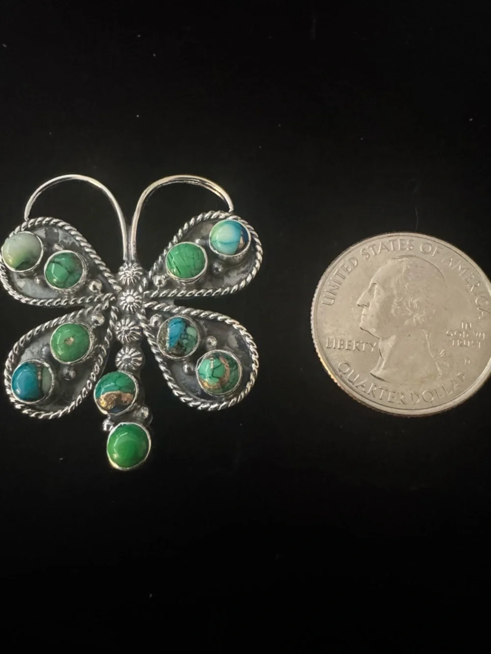 Sterling Silver Kingman‎ Turquoise Green Butterfly statement ring